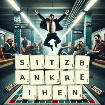 Kreative Illustration für ein Scrabble-Spiel, bei dem das Wort SITZBANKREIHEN mit Steinen auf dem Brett gelegt wurde.