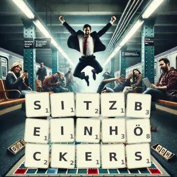 Kreative Illustration für ein Scrabble-Spiel, bei dem das Wort SITZBEINHÖCKERS mit Steinen auf dem Brett gelegt wurde.