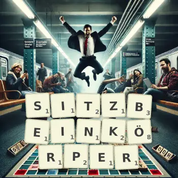 Kreative Illustration für ein Scrabble-Spiel, bei dem das Wort SITZBEINKÖRPER mit Steinen auf dem Brett gelegt wurde.