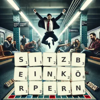 Kreative Illustration für ein Scrabble-Spiel, bei dem das Wort SITZBEINKÖRPERN mit Steinen auf dem Brett gelegt wurde.