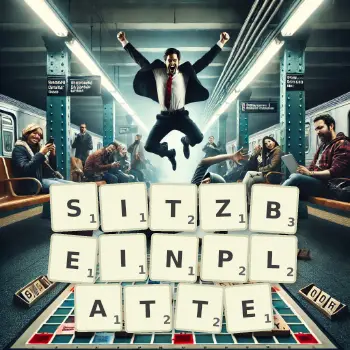 Kreative Illustration für ein Scrabble-Spiel, bei dem das Wort SITZBEINPLATTE mit Steinen auf dem Brett gelegt wurde.