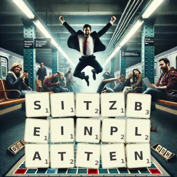 Kreative Illustration für ein Scrabble-Spiel, bei dem das Wort SITZBEINPLATTEN mit Steinen auf dem Brett gelegt wurde.