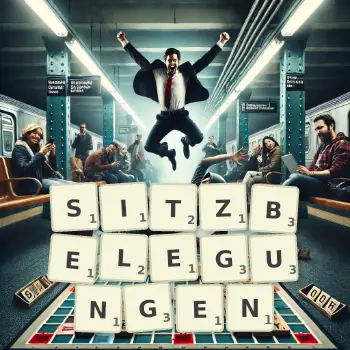 Kreative Illustration für ein Scrabble-Spiel, bei dem das Wort SITZBELEGUNGEN mit Steinen auf dem Brett gelegt wurde.