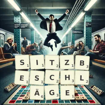 Kreative Illustration für ein Scrabble-Spiel, bei dem das Wort SITZBESCHLÄGE mit Steinen auf dem Brett gelegt wurde.
