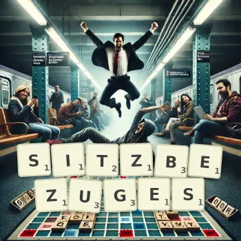 Kreative Illustration für ein Scrabble-Spiel, bei dem das Wort SITZBEZUGES mit Steinen auf dem Brett gelegt wurde.