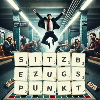 Kreative Illustration für ein Scrabble-Spiel, bei dem das Wort SITZBEZUGSPUNKT mit Steinen auf dem Brett gelegt wurde.