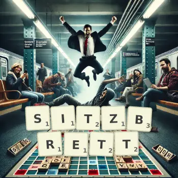 Kreative Illustration für ein Scrabble-Spiel, bei dem das Wort SITZBRETT mit Steinen auf dem Brett gelegt wurde.
