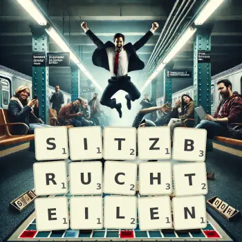 Kreative Illustration für ein Scrabble-Spiel, bei dem das Wort SITZBRUCHTEILEN mit Steinen auf dem Brett gelegt wurde.