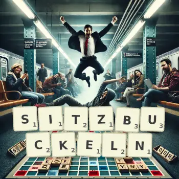 Kreative Illustration für ein Scrabble-Spiel, bei dem das Wort SITZBUCKELN mit Steinen auf dem Brett gelegt wurde.