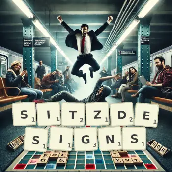 Kreative Illustration für ein Scrabble-Spiel, bei dem das Wort SITZDESIGNS mit Steinen auf dem Brett gelegt wurde.