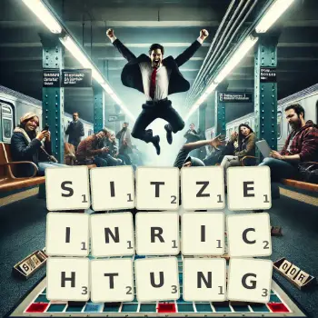 Kreative Illustration für ein Scrabble-Spiel, bei dem das Wort SITZEINRICHTUNG mit Steinen auf dem Brett gelegt wurde.