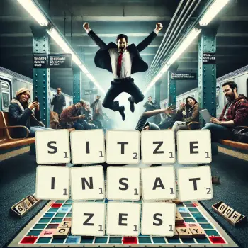 Kreative Illustration für ein Scrabble-Spiel, bei dem das Wort SITZEINSATZES mit Steinen auf dem Brett gelegt wurde.