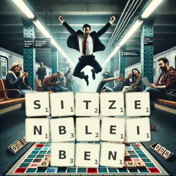 Kreative Illustration für ein Scrabble-Spiel, bei dem das Wort SITZENBLEIBEN mit Steinen auf dem Brett gelegt wurde.