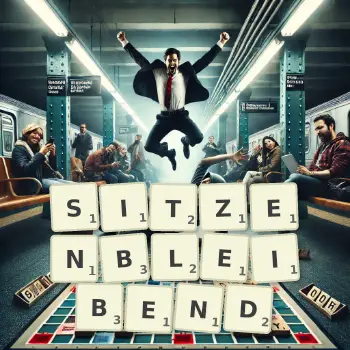 Kreative Illustration für ein Scrabble-Spiel, bei dem das Wort SITZENBLEIBEND mit Steinen auf dem Brett gelegt wurde.