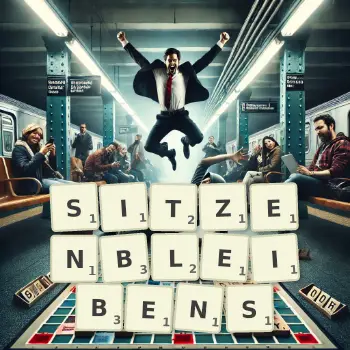 Kreative Illustration für ein Scrabble-Spiel, bei dem das Wort SITZENBLEIBENS mit Steinen auf dem Brett gelegt wurde.