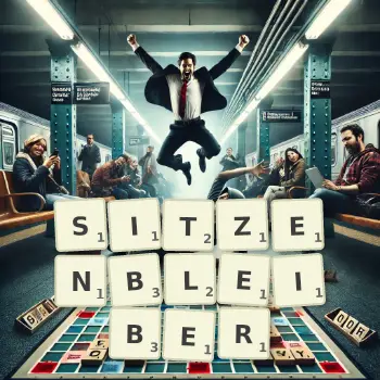 Kreative Illustration für ein Scrabble-Spiel, bei dem das Wort SITZENBLEIBER mit Steinen auf dem Brett gelegt wurde.