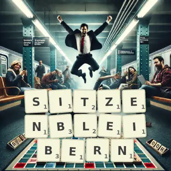 Kreative Illustration für ein Scrabble-Spiel, bei dem das Wort SITZENBLEIBERN mit Steinen auf dem Brett gelegt wurde.