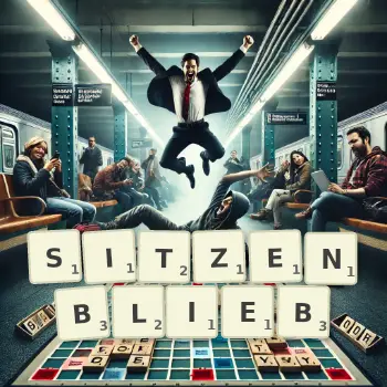 Kreative Illustration für ein Scrabble-Spiel, bei dem das Wort SITZENBLIEB mit Steinen auf dem Brett gelegt wurde.