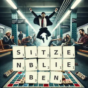 Kreative Illustration für ein Scrabble-Spiel, bei dem das Wort SITZENBLIEBEN mit Steinen auf dem Brett gelegt wurde.