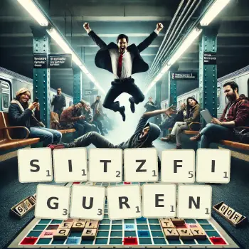Kreative Illustration für ein Scrabble-Spiel, bei dem das Wort SITZFIGUREN mit Steinen auf dem Brett gelegt wurde.