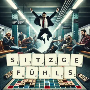 Kreative Illustration für ein Scrabble-Spiel, bei dem das Wort SITZGEFÜHLS mit Steinen auf dem Brett gelegt wurde.