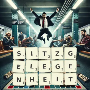 Kreative Illustration für ein Scrabble-Spiel, bei dem das Wort SITZGELEGENHEIT mit Steinen auf dem Brett gelegt wurde.