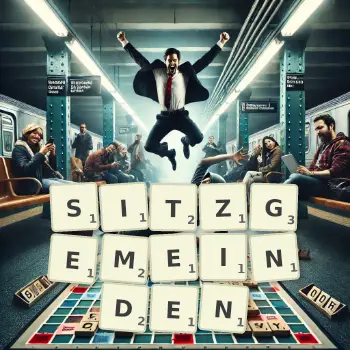 Kreative Illustration für ein Scrabble-Spiel, bei dem das Wort SITZGEMEINDEN mit Steinen auf dem Brett gelegt wurde.