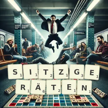 Kreative Illustration für ein Scrabble-Spiel, bei dem das Wort SITZGERÄTEN mit Steinen auf dem Brett gelegt wurde.