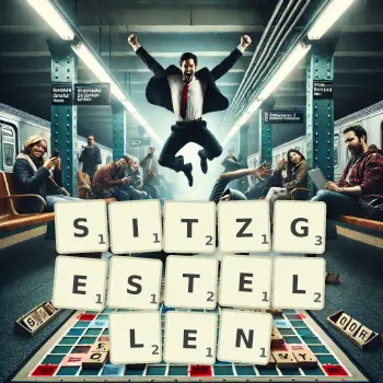 Kreative Illustration für ein Scrabble-Spiel, bei dem das Wort SITZGESTELLEN mit Steinen auf dem Brett gelegt wurde.