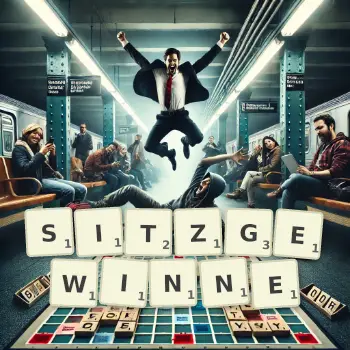 Kreative Illustration für ein Scrabble-Spiel, bei dem das Wort SITZGEWINNE mit Steinen auf dem Brett gelegt wurde.