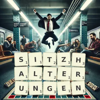 Kreative Illustration für ein Scrabble-Spiel, bei dem das Wort SITZHALTERUNGEN mit Steinen auf dem Brett gelegt wurde.