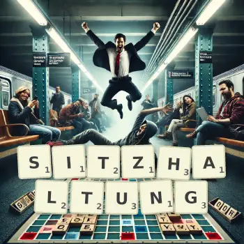 Kreative Illustration für ein Scrabble-Spiel, bei dem das Wort SITZHALTUNG mit Steinen auf dem Brett gelegt wurde.