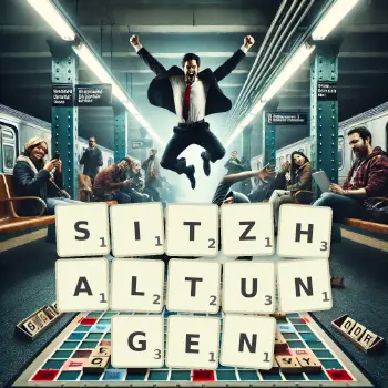 Kreative Illustration für ein Scrabble-Spiel, bei dem das Wort SITZHALTUNGEN mit Steinen auf dem Brett gelegt wurde.
