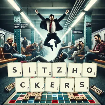 Kreative Illustration für ein Scrabble-Spiel, bei dem das Wort SITZHOCKERS mit Steinen auf dem Brett gelegt wurde.