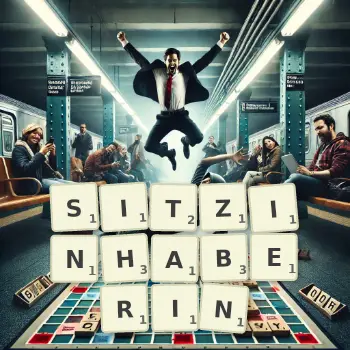 Kreative Illustration für ein Scrabble-Spiel, bei dem das Wort SITZINHABERIN mit Steinen auf dem Brett gelegt wurde.
