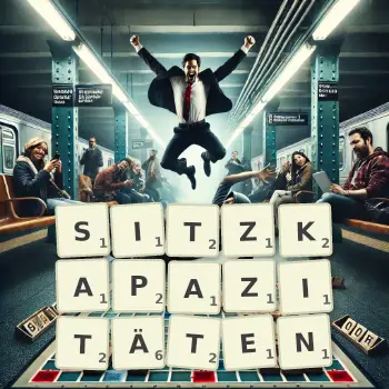 Kreative Illustration für ein Scrabble-Spiel, bei dem das Wort SITZKAPAZITÄTEN mit Steinen auf dem Brett gelegt wurde.