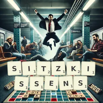 Kreative Illustration für ein Scrabble-Spiel, bei dem das Wort SITZKISSENS mit Steinen auf dem Brett gelegt wurde.