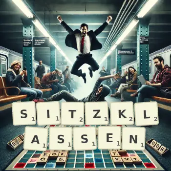 Kreative Illustration für ein Scrabble-Spiel, bei dem das Wort SITZKLASSEN mit Steinen auf dem Brett gelegt wurde.