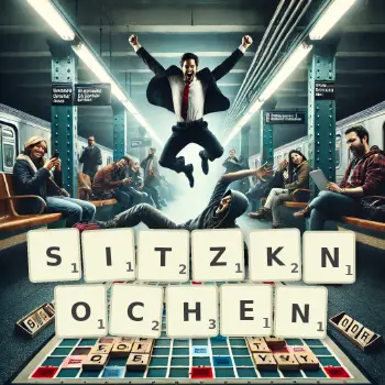 Kreative Illustration für ein Scrabble-Spiel, bei dem das Wort SITZKNOCHEN mit Steinen auf dem Brett gelegt wurde.