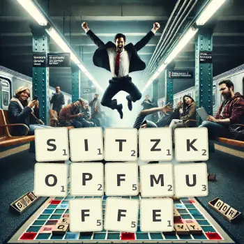 Kreative Illustration für ein Scrabble-Spiel, bei dem das Wort SITZKOPFMUFFE mit Steinen auf dem Brett gelegt wurde.