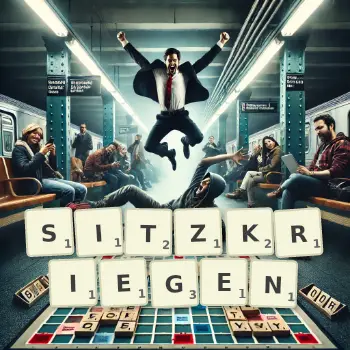 Kreative Illustration für ein Scrabble-Spiel, bei dem das Wort SITZKRIEGEN mit Steinen auf dem Brett gelegt wurde.
