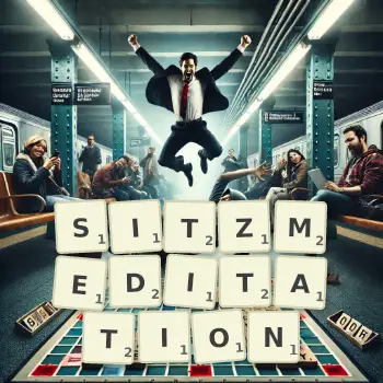 Kreative Illustration für ein Scrabble-Spiel, bei dem das Wort SITZMEDITATION mit Steinen auf dem Brett gelegt wurde.