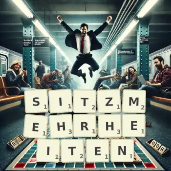 Kreative Illustration für ein Scrabble-Spiel, bei dem das Wort SITZMEHRHEITEN mit Steinen auf dem Brett gelegt wurde.