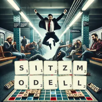 Kreative Illustration für ein Scrabble-Spiel, bei dem das Wort SITZMODELL mit Steinen auf dem Brett gelegt wurde.