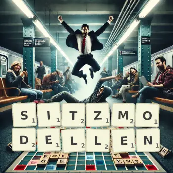 Kreative Illustration für ein Scrabble-Spiel, bei dem das Wort SITZMODELLEN mit Steinen auf dem Brett gelegt wurde.