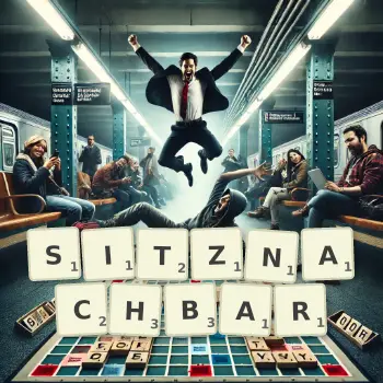 Kreative Illustration für ein Scrabble-Spiel, bei dem das Wort SITZNACHBAR mit Steinen auf dem Brett gelegt wurde.