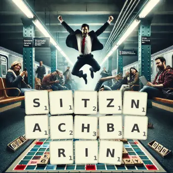 Kreative Illustration für ein Scrabble-Spiel, bei dem das Wort SITZNACHBARIN mit Steinen auf dem Brett gelegt wurde.
