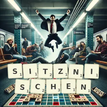 Kreative Illustration für ein Scrabble-Spiel, bei dem das Wort SITZNISCHEN mit Steinen auf dem Brett gelegt wurde.