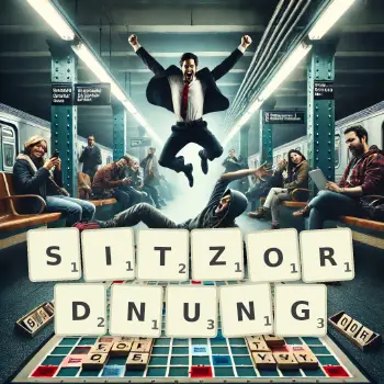 Kreative Illustration für ein Scrabble-Spiel, bei dem das Wort SITZORDNUNG mit Steinen auf dem Brett gelegt wurde.