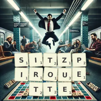 Kreative Illustration für ein Scrabble-Spiel, bei dem das Wort SITZPIROUETTE mit Steinen auf dem Brett gelegt wurde.